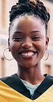 Face, graduation and black woman at college outdoor, higher education achievement or success. Portrait, graduate and university student with scholarship milestone, pride and excited for future