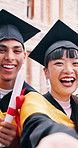 College students, face and selfie of friends for graduation, memory and celebration for achievement. Outdoor, graduate and happy people with diploma, photography and ceremony for academic success