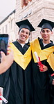 Phone screen, picture and friends with smile for graduation, memory and celebration for achievement. Outdoor, graduate and happy people with college degree, photography and event for academic success
