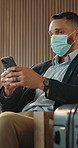 Businessman, face mask or waiting room with phone in lodge for business travel, commute or flight. Man, employee or traveler with smartphone app in airport lounge for schedule time or delay departure