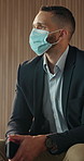 Office, waiting room and businessman with mask, thinking and prevention for virus infection and flu. Business, safety and person with protection from covid, wellness and reflection for appointment