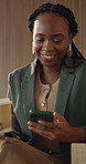 Coffee, laughing and phone with business black woman in airport for communication, response or trip. Drink, social media and typing with funny employee in lobby for online chatting or travel