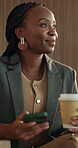 Coffee, phone and thinking with business woman in airport for communication, response or trip. App, drink and flight schedule with happy employee in departure lounge for online chatting or travel