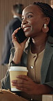 Happy woman, talking or phone call with coffee in lodge for communication or conversation. Female person, employee or travel with drink or smartphone for business discussion or chat in waiting lounge