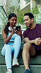 Couple, fitness and break with phone for talk, chat and check stats for wellness review on stairs. People, partner and discussion with mobile app, rest or smile on steps for post with social media