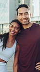 Face, support and couple in city, fitness for health benefits and bonding together for exercise. Outdoor, man and woman with happiness, love and workout for wellness, embrace and relationship