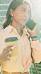 Stress, phone call and businesswoman with coffee in city for finance negotiation or connection. Cellphone, upset and financial manager with warm beverage on mobile discussion for investment feedback