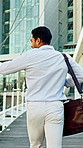 Late, business and man in city, running and back with appointment, stress and morning commute. Outdoor, person and employee with rush to office, travel and cardio for jog, deadline and schedule