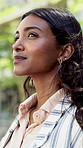 Thinking, real estate and woman in city, planning and future vision for property development. Outdoor, agent and person with reflection, mission for urban town investment and review for buildings