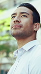 Thinking, real estate and man in city, smile and future vision for property investment. Outdoor, realtor and person with reflection, mission for urban town development and review for location plan