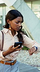 Woman, watch or rush with phone for late schedule, deadline or urgent work crisis in city. Frustrated, female person or running with wristwatch, speed or business for commute or delay in urban town