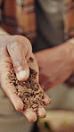Agriculture, person and hand with soil for inspection, fertilizer check and environment assessment. Outdoor, gardening and farmer with evaluation for compost health, sustainability and testing dirt
