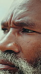 Black man, farmer and thinking with agriculture, closeup and inspection for sustainable food production. Mature person, perspective and mindset with farming job, decision or serious at countryside