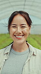 Face, smile or Asian woman in greenhouse with pride, about us or experience in agriculture industry. Laugh, portrait or farmer with confidence, positive attitude or production in sustainable business
