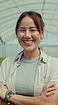 Face, happy or Asian woman in greenhouse with pride, about us or experience in agriculture industry. Laugh, portrait or farmer with confidence, positive attitude or career in sustainable business.