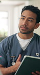 Man, nurse and consultation with tablet for medical assistance, diagnosis or checkup in home. Male person, healthcare worker or caregiver talking with technology for health checklist, advice or tips