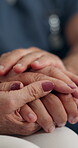Comfort, holding hands or senior person with caregiver in nursing home, empathy or alzheimer diagnosis. Console, nurse and old woman with trust for elderly care, compassion and support for illness