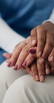 Comfort, holding hands or nurse with senior person in nursing home, empathy or alzheimer diagnosis. Console, caregiver and old woman with compassion for medical condition, trust and support for care