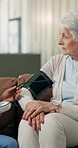 Nurse, checkup and blood pressure machine with elderly patient for medical results or exam. Female person, caregiver or arm strap with client for monitoring health or senior care in retirement home