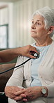 Caregiver, checkup and stethoscope with old woman at house for assessment, breathing and asthma. Nurse, tablet and heartbeat with senior person, chest evaluation and lungs sound for medical wellness