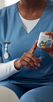 Healthcare, hands and nurse consulting with pills for prescription, dosage advice or side effects. Woman, medical worker and tablets in clinic for health management, explain symptoms and consultation