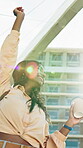 Dance, happy and woman in city with coffee, music and good mood on weekend commute. Low angle, flare and person with drink, audio and movement for positive energy, success and excited in town