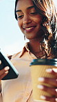 Coffee, smile and businesswoman with phone in city with texting, networking or communication on app. Happy, walk and female employee with warm beverage and cellphone for email for contact from below.