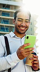Coffee, laugh and businessman with cellphone in city with texting, networking or communication on app. Happy, funny and male employee with warm beverage and phone for online email for contact in town