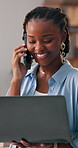 Ecommerce, laptop and black woman with phone call in office, supplier discussion and order feedback, Laugh, reading and happy entrepreneur with tech for stock negotiation, startup and courier contact