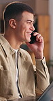Ecommerce, laptop and man with phone call in office, webshop supplier discussion and order feedback. Laugh, tech and entrepreneur with stock research for price negotiation, happy and courier contact