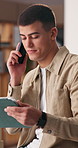Ecommerce, tablet and man with phone call in office, webshop supplier discussion and order feedback. Smile, reading and entrepreneur with stock research for price negotiation, tech or courier contact
