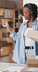 Startup, headphones and black woman with boxes for supply chain, courier service and logistics. Happy, business and person with music, audio and dance for shipping, distribution and ecommerce order
