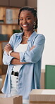 Logistics, face or black woman in office with arms crossed, positive attitude or experience in shipping. Distribution, boxes or supplier with laugh, confidence or ambition in courier service.