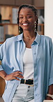 Logistics, face or black woman in office with pride, positive attitude or experience in shipping industry. Distribution, happy or supplier with laugh, confidence or ambition in courier service.
