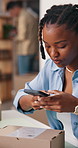 Woman, box or logistics with phone scan in small business for pricing, inventory or delivery in home. Female person, distributor or supplier with mobile app for stock, supply chain or courier service