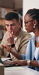 Shipping, team and people on laptop at startup for supply chain, courier service and logistics. Meeting, business and man with woman on computer for online inventory, distribution and ecommerce order