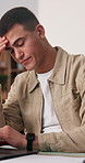 Man, headache and laptop with stress for mistake, bankruptcy or project deadline in home. Frustrated, male person or employee with migraine or anxiety for burnout, financial crisis or debt in house