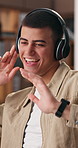 Office, dance and man with headphones for shipping, courier service and logistics business. Happy, startup and person moving with music, audio and radio for supply chain, distribution and ecommerce