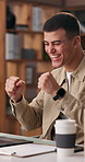 Fist pump, laptop and man in office, celebration for project approval and website info. Person, internet and professional in workplace, pc or achievement with mission for startup, kpi target or goals