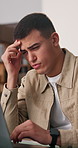 Man, headache and laptop with stress in home for bankruptcy, mistake or project deadline. Frustrated, male person or employee with migraine or anxiety for burnout, financial crisis or debt in house
