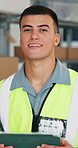 Face, smile and man in warehouse, tablet for online checklist and report for manufacturing. Person, professional or employee in workplace, tech for quality assurance and app for distribution schedule
