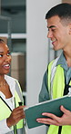 People, team and discussion with tablet at warehouse for logistics, note and inventory management. Woman, man and tech with talk, application or report for supply chain with notes for distribution