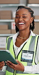 Supply chain, face and black woman in warehouse, tablet for online checklist and report for manufacturing. Person, distribution and employee in workplace, tech for quality assurance and digital app
