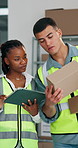 Logistics, box or people in depot with tablet, package review or stock control in shipping. Teamwork, tech or distribution staff with parcel, inventory management or quality assurance in supply chain
