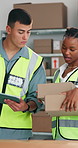 Logistic, boxes or people in depot with tablet, package check or stock control in shipping. Teamwork, tech or distribution staff with parcel, inventory management or quality assurance in supply chain