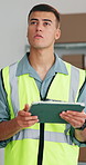 Supply chain, thinking and man in warehouse, tablet for online checklist and schedule for manufacturing. Person, solution or employee in workplace, tech for quality assurance and app for distribution
