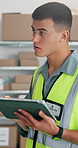 Supply chain, boxes and man in warehouse, tablet for online checklist and report for manufacturing. Person, professional and employee in workplace, tech for quality assurance and app for distribution