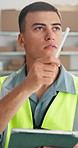 Inspection, thinking and man in warehouse, tablet for online checklist and problem solving for backlog. Person, planning and employee in workplace, tech for quality control and app for distribution