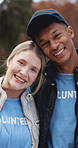 Face, volunteer and people in park, hug and support for community service, smile and help. Outdoor, man and woman with happiness, embrace and charity with nonprofit collaboration, friends or teamwork