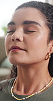 Deep breathing, yoga and woman in home, relax and inner peace with wellness, chakra and zen. Apartment, yogi and happy person in living room, calm and practice for healthy lungs and mindfulness
